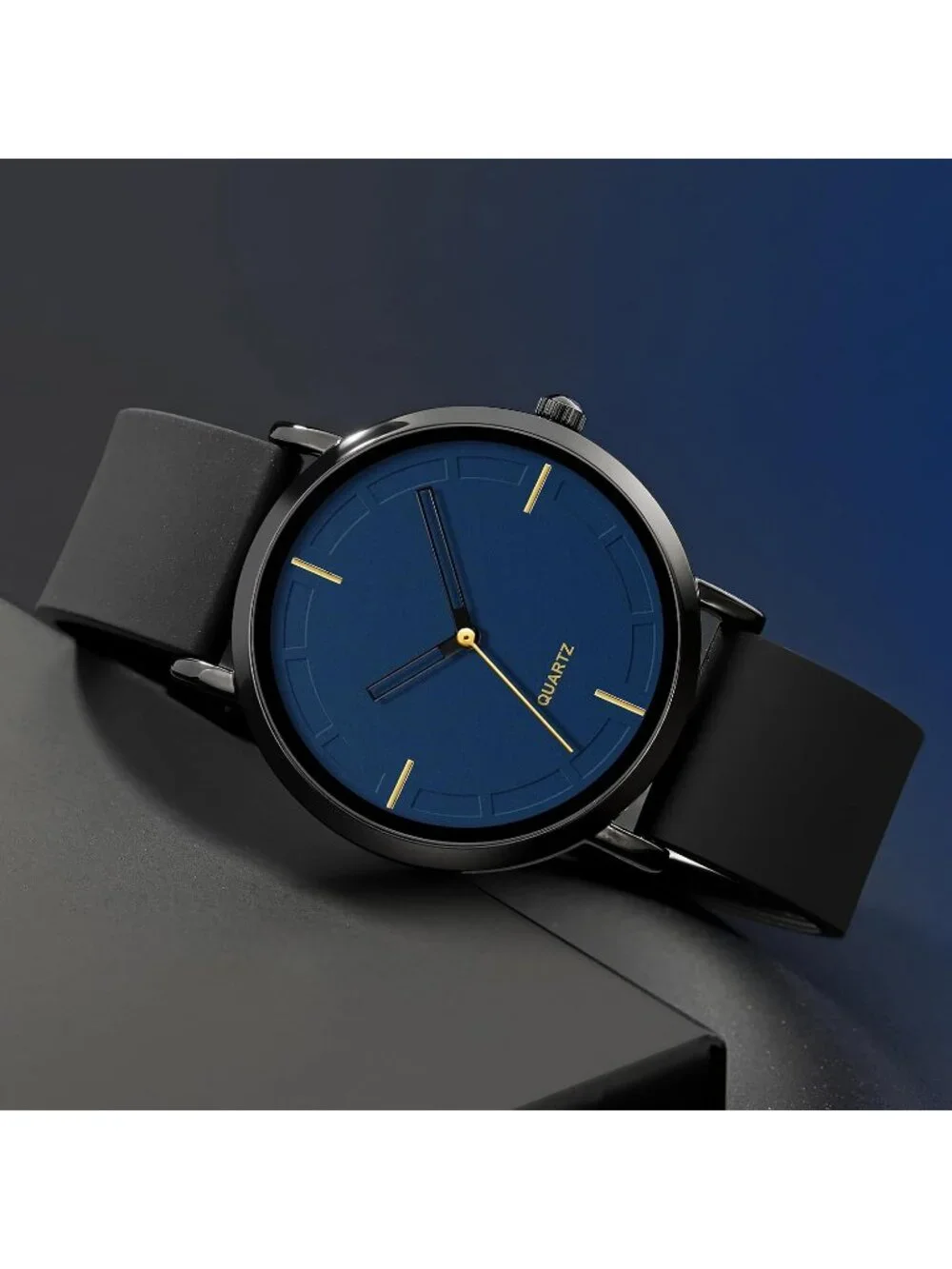 Unisex Black and Blue Lightweight Simple Luxury Quartz Silicone Band Wrist Watch